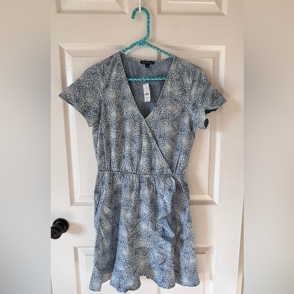 MERCANTILE J. CREW Short Sleeve Chambray Ruffle Faux Wrap Dress, Size XS
